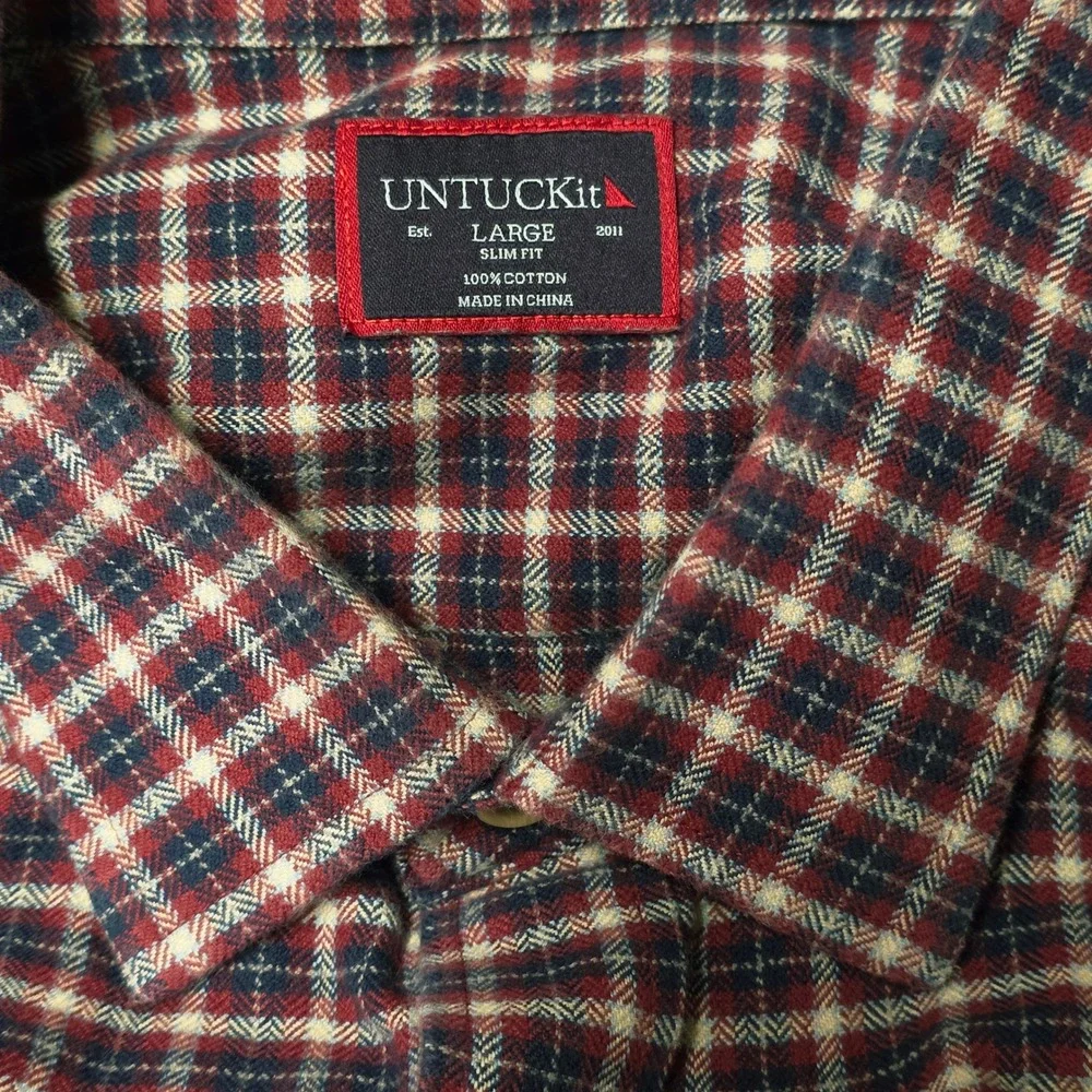 UNTUCKit Button‎ Down Shirt Men's Large Red Navy Plaid Slim Fit Cotton Flannel